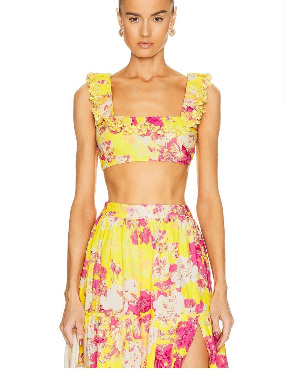 HEMANT & NANDITA Yellow & Pink Floral Ruffle Crop Top